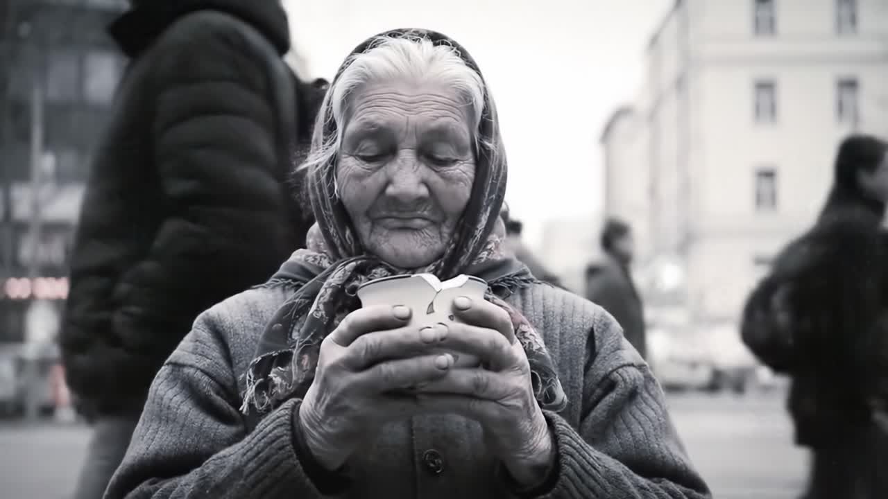 A Warm Moment of Reflection: An Elderly Woman Embracing a Drink in a Bustling Urban Setting, Capturing the Essence of Life and Loneliness in a Modern World