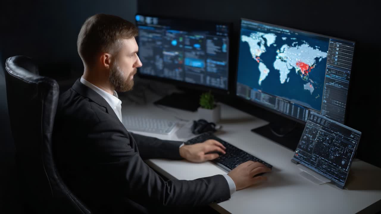 Focused Professional Analyzing Data on Multiple Monitors in a Dark Office Environment, Showcasing Global Map and Technology Insights