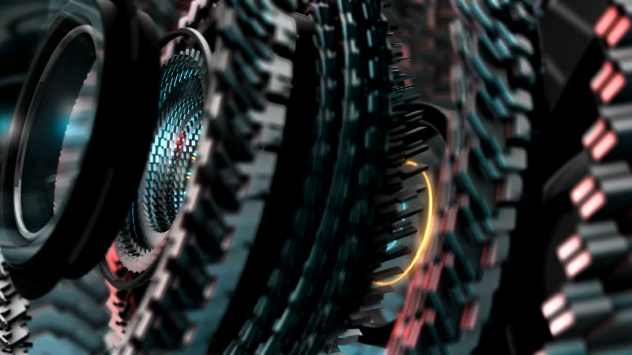 elementos gráficos en movimiento 3d, círculo abstracto de alta tecnología, engranajes mecánicos robóticos ui. bucle 4k