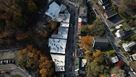 Top-Down-Drone-Aerial-View,-Main-Street-of-Historic-Ellicott-City,-Maryland-USA