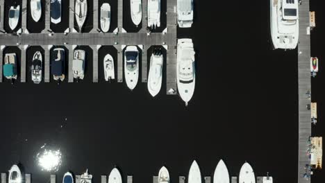 top down aerial of boats docked in marina