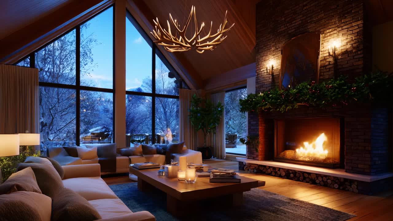 A Cozy Winter Living Room with a Warmly Lit Fireplace, Elegant Décor, and Festive Touches Showcasing the Beauty of a Winter Evening in a Modern Cabin Setting