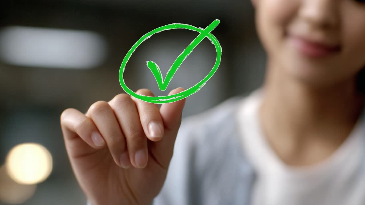 A young person enthusiastically marks a check on a transparent screen, symbolizing success, achievement, or approval in a modern and engaging manner
