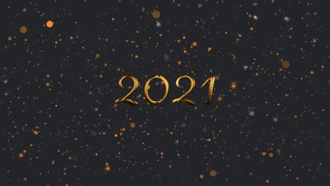 Animation-of-gold-text-2021,-with-orange-spots-of-light-floating-on-black-background