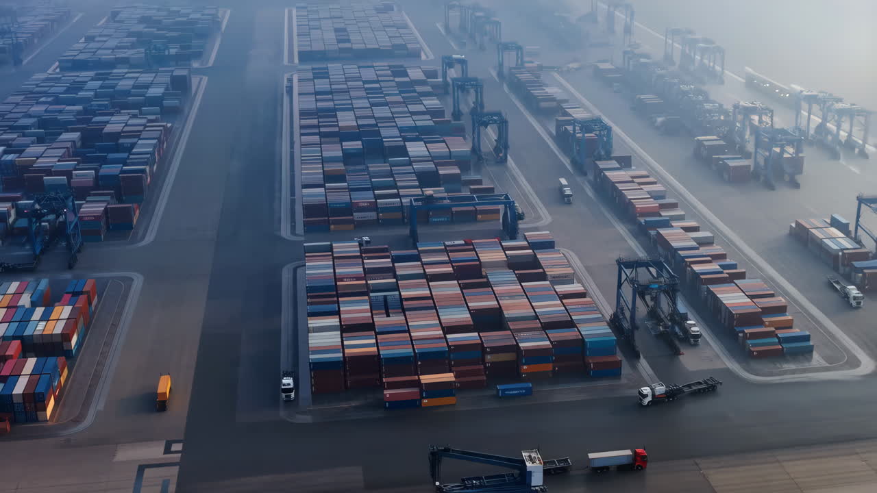 Aerial View of a Bustling Container Shipping Port in Foggy Morning