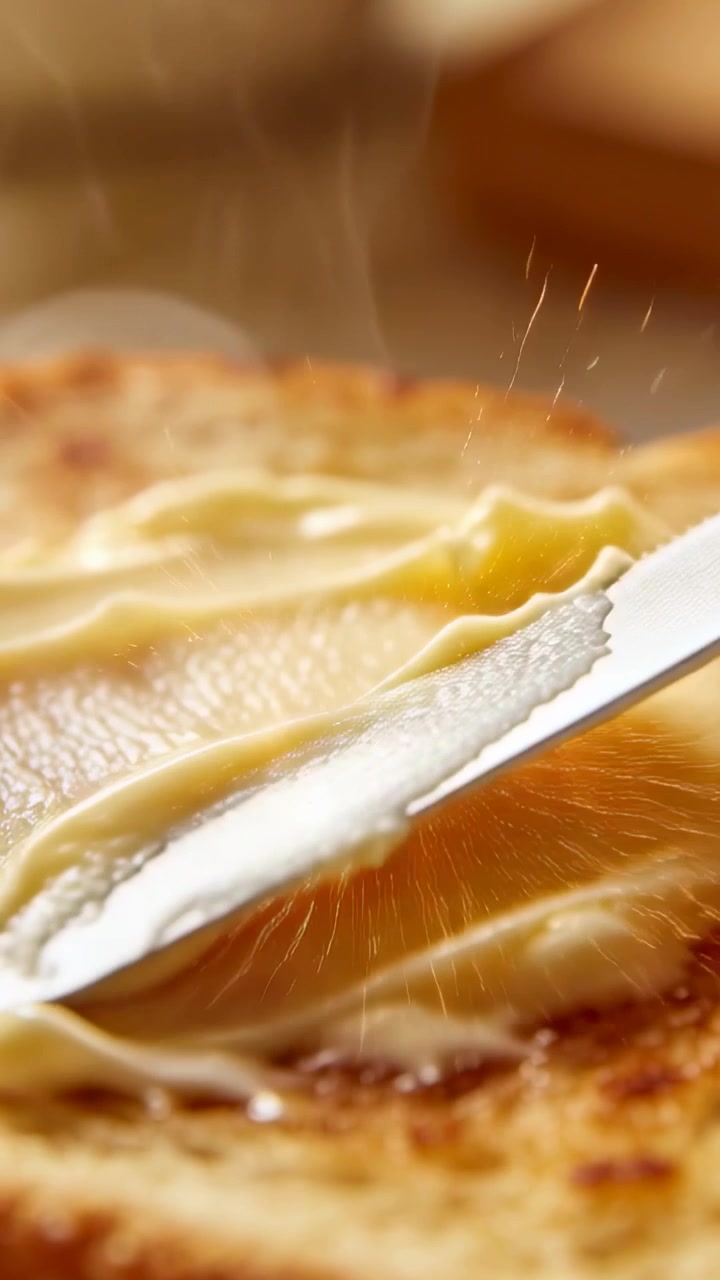 Vertical video: Pushing table knife spreading butter to coat toast at counter steam rising crumbs