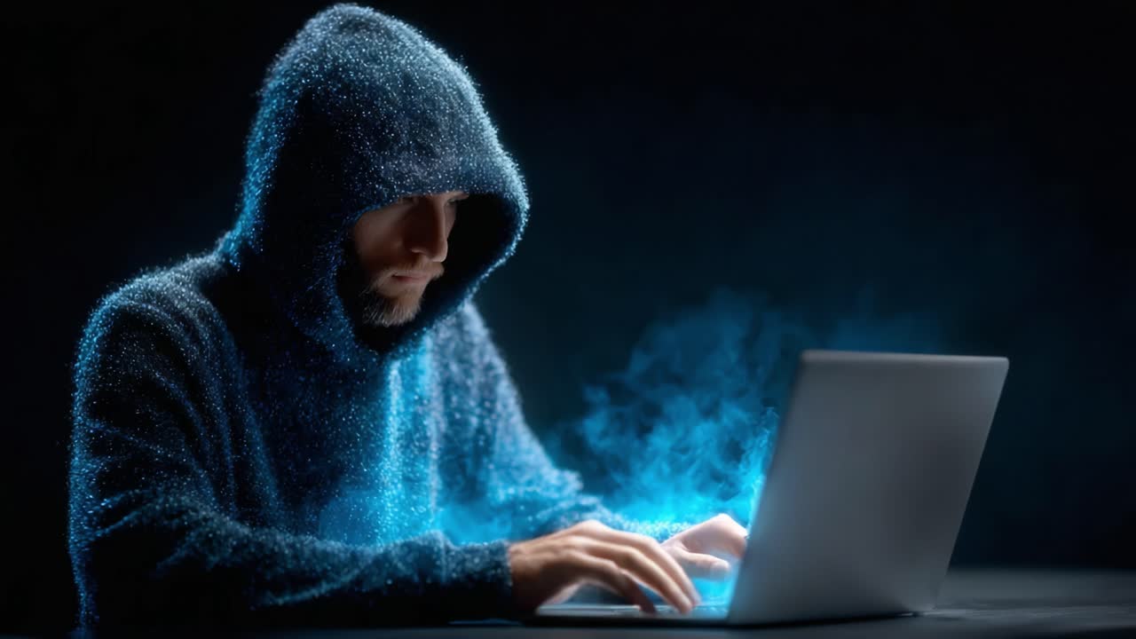 Mystical Hacker Engaged in Digital Manipulation Surrounded by Ethereal Blue Mist While Interfacing with a Laptop in a Darkened Environment, Eliciting Intrigue and Suspense