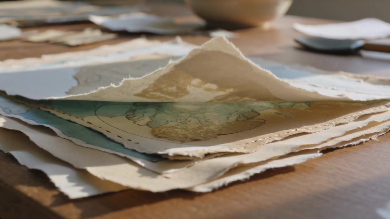 Lifting deckled papers, sheet curling as light shifting on wood table, showing teal painting