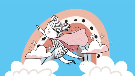 animación de una chica superhéroe volando , sobre nubes y arco iris