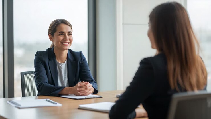 Composing candidate preparing answer after interviewer asking at office, in dark blazer with tablet