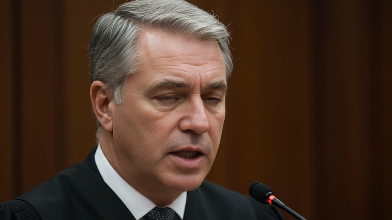 A Serious Judge Deliberating in Court, Capturing the Moment of Law and Justice in Action with Focus on the Judge’s Expression and Authority