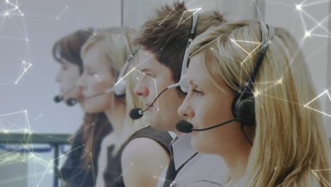 animation of networks of connections over business people using phone headsets
