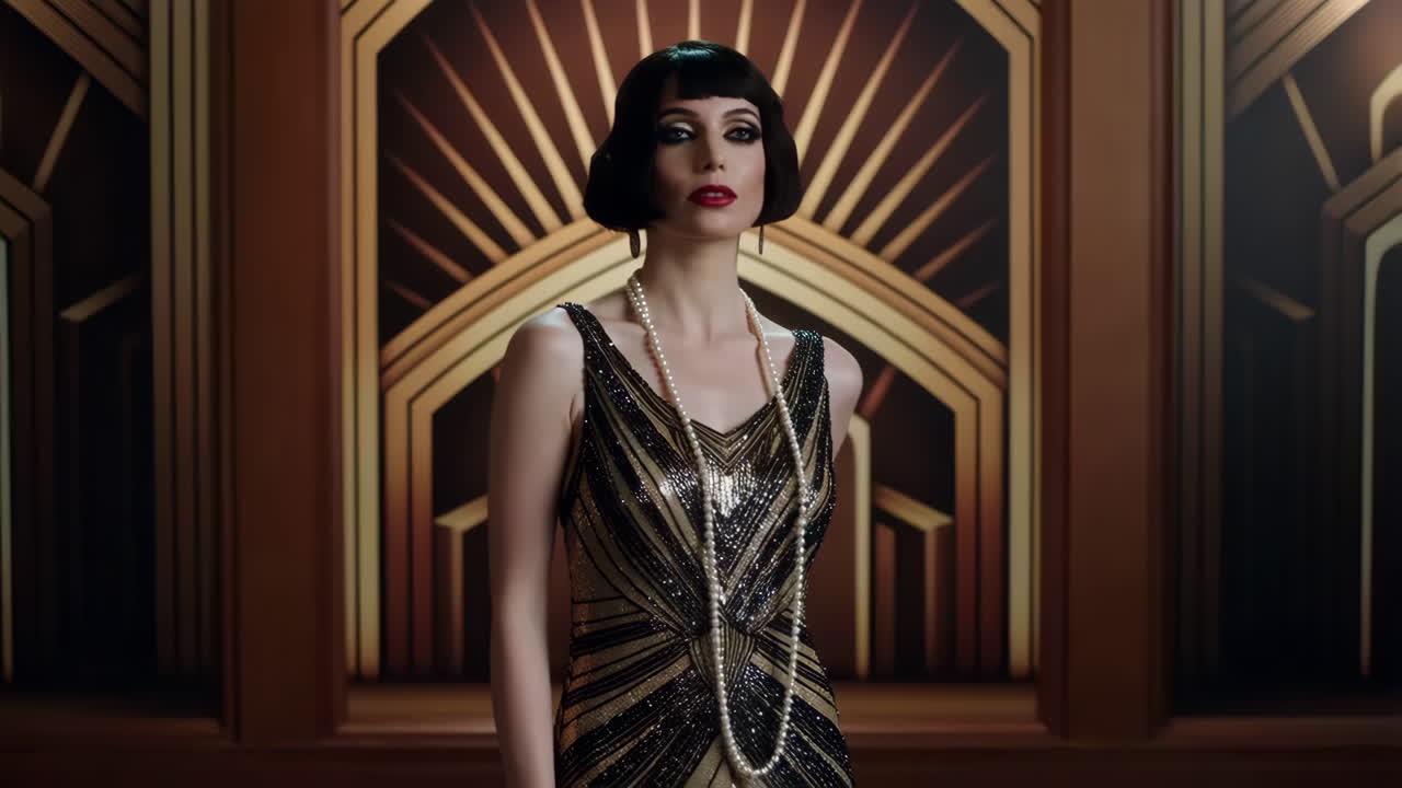 Elegant Woman in 1920s Flapper Dress with Pearls against an Art Deco Background