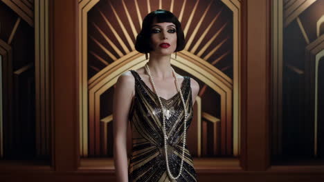 elegant woman in 1920s flapper dress with pearls against an art deco background