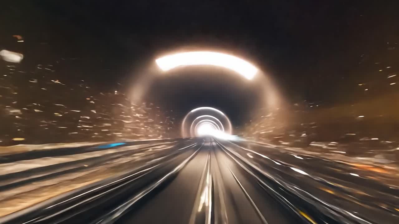 밤에 터널을 가로질러 빠른 열차를 타고