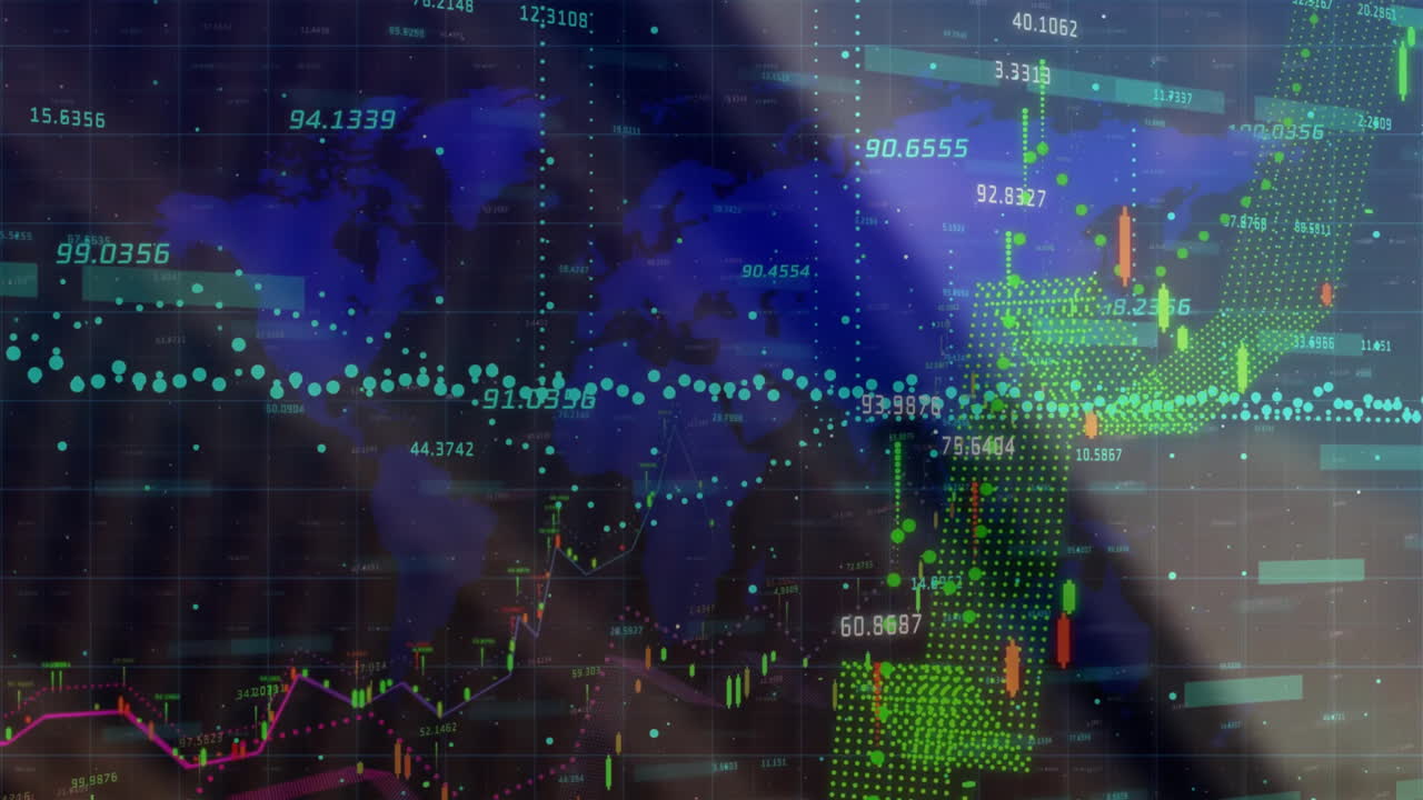 Animation of data processing, diagrams and stock market over world map