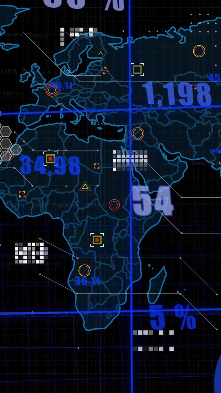 Video verticale: Mirino che scorre, mappa al neon che si forma e numeri HUD che appaiono mostrando dati sull'Africa