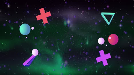 animación de formas abstractas que se mueven sobre estrellas en un fondo verde a púrpura