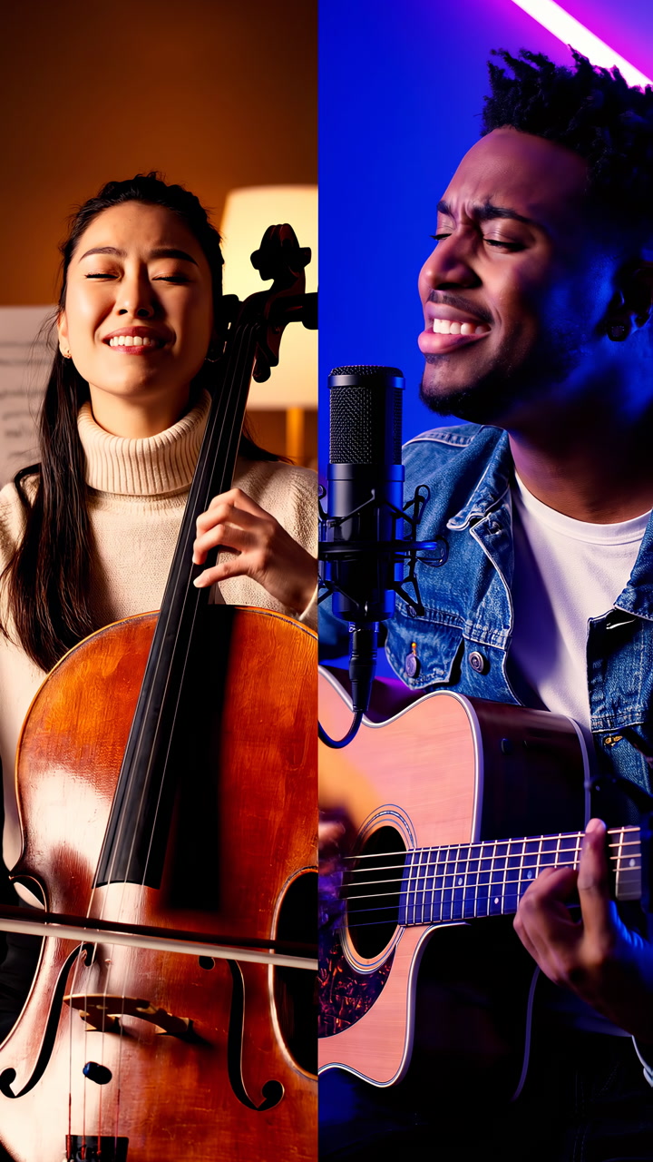 Female Cellist And Male Guitarist Duet Intimate Studio Session With Colorful Neon And Warm Lamp Lighting,