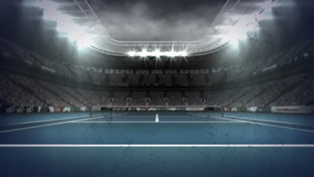 animación de redes de conexiones que giran sobre estadios deportivos