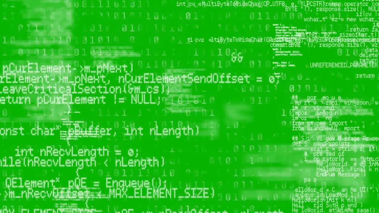 Animation of data processing and binary coding over green background