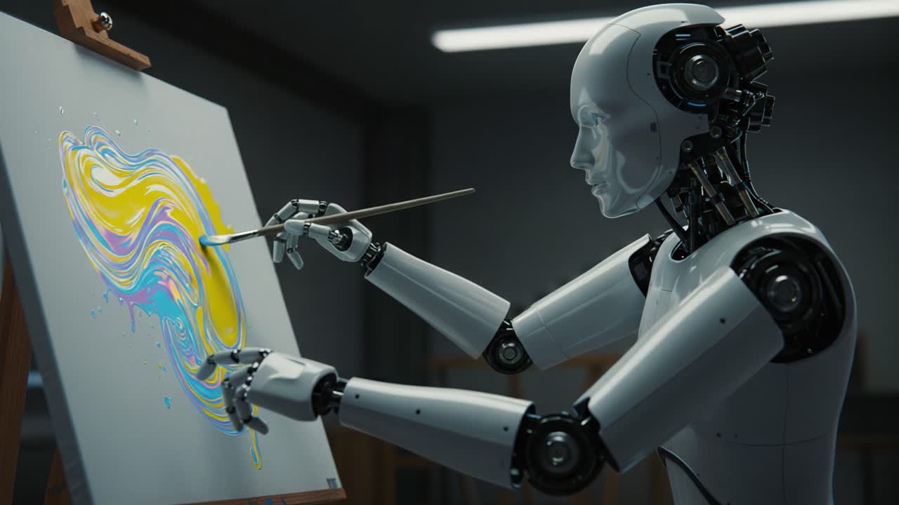 A futuristic robot artist skillfully creating vibrant abstract artwork on an easel, showcasing the intersection of technology and creativity in a modern studio environment