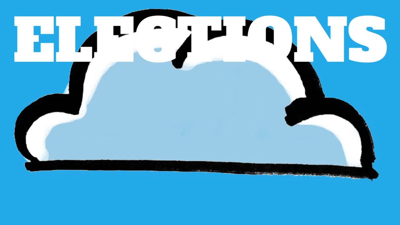 Animation eines Wahltextes über einem Wolken-Symbol auf blauem Hintergrund