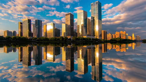 city skyline reflection at sunset