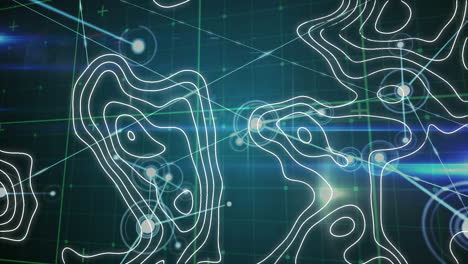 animación de líneas de contorno en movimiento sobre una red de conexiones y procesamiento de datos, en negro