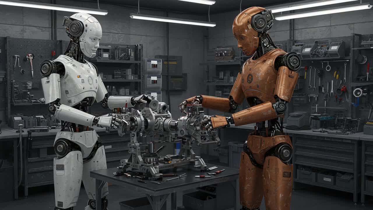 Two advanced humanoid robots collaborate in a high-tech workshop, meticulously assembling intricate machinery, showcasing their synergy and technical prowess in robotics