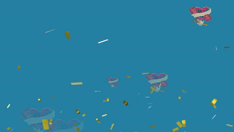 animation of gold confetti falling, over hearts with roses and keys, on blue background