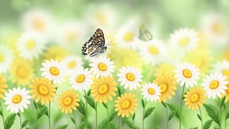 butterflies flutter gracefully over vibrant yellow and white flowers, creating a serene and lively springtime scene