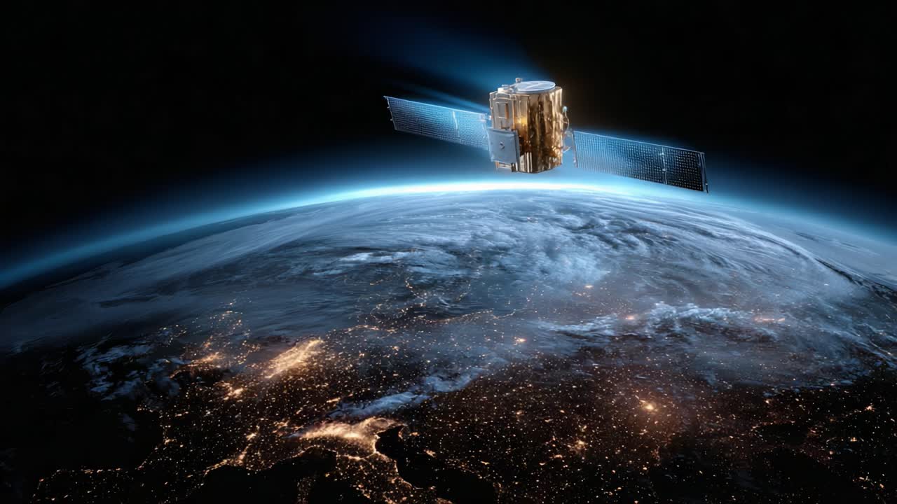 A Satellite Orbits the Earth, Capturing Stunning Views of Our Planet from Space with Bright City Lights Illuminating the Surface Below, Highlighting Technology and Exploration