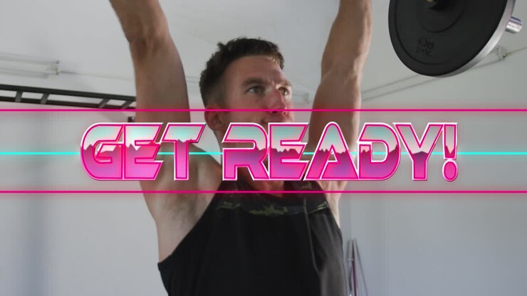 Animation of get ready text with caucasian man at gym