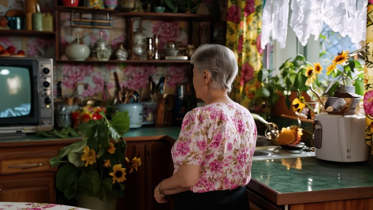 Old woman watches TV in cozy, floral kitchen. Warm light glows on her gentle face. She's quiet, absorbed, smiling faintly. Vibrant flowers and patterned curtains frame her. Perfect for nostalgic