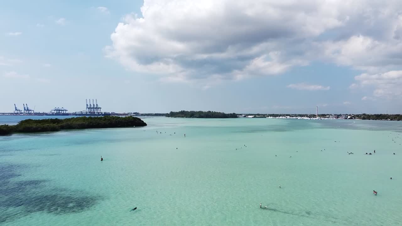 vista aérea sobre la playa de boca chica con hermosa vista al horizonte y pequeñas islas en el fondo, hermoso día soleado con mar azul