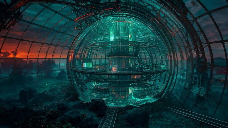 Camera tracking right revealing transparent sphere inside glass dome showing structure with crane