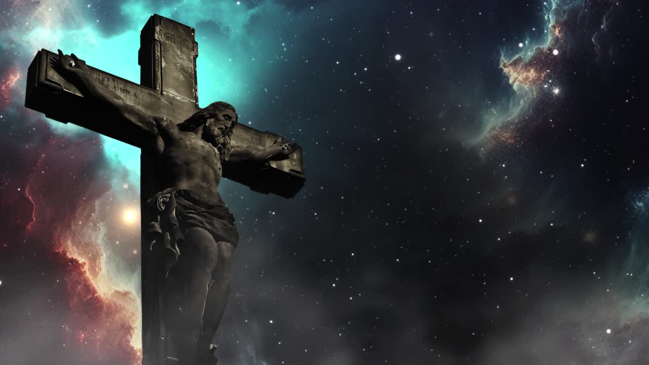 예수 십자가와 환상 천국 하늘 배경