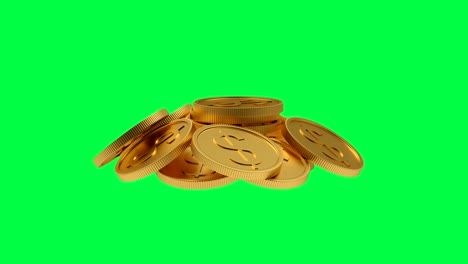 3d animation of a heap of golden dollar coins rotates as a pedestal on a green screen. 4k