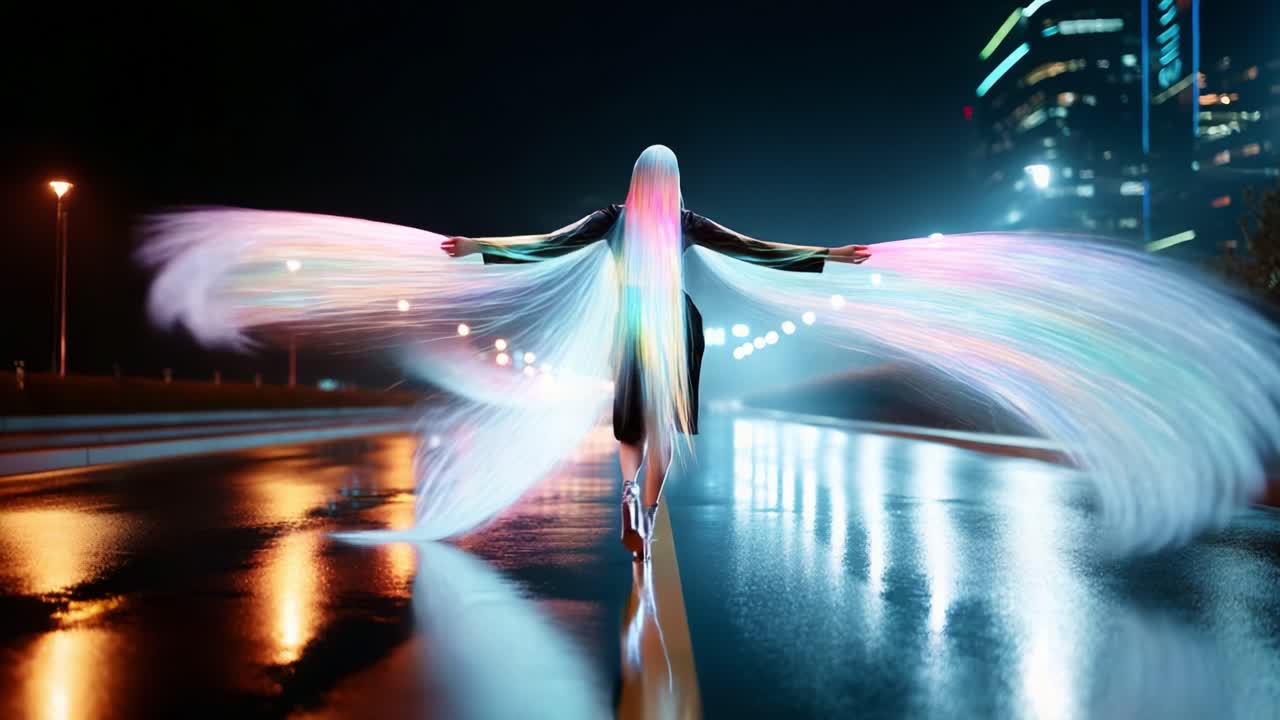 A Mystical Figure with Flowing Rainbow Hair Steps Confidently Through a Rain-Slicked City Street, Illuminated by Vibrant Night Lights and Urban Skyscrapers in the Background