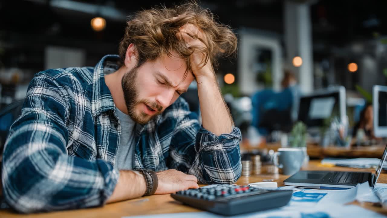 A Frustrated Individual Struggles with Financial Calculations in a Modern Workspace, Conveying the Stress and Pressure of Managing Responsibilities