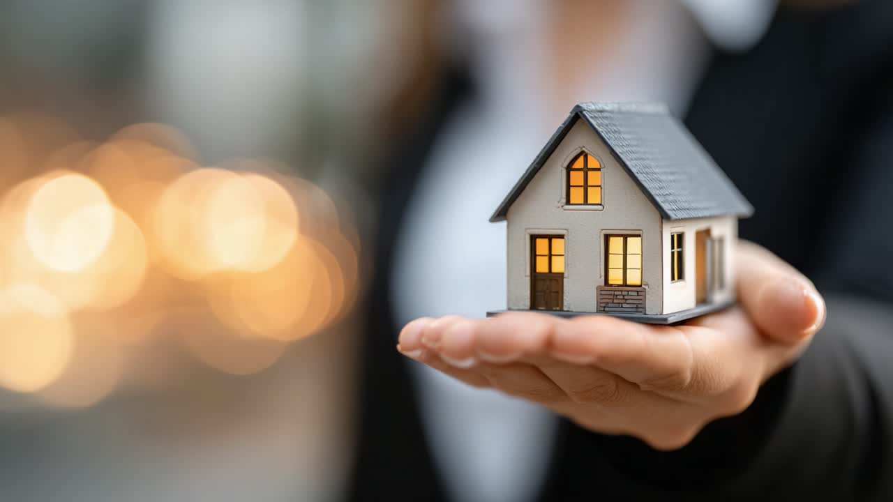 A simboleggiare la proprietà immobiliare: una mano che tiene una casa in miniatura con luci calde, che rappresenta sogni di comfort, stabilità e possibilità future negli investimenti immobiliari