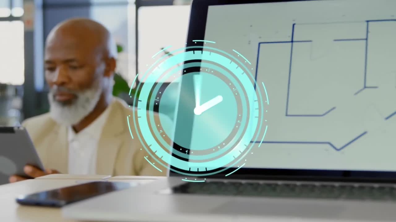 Animation of clock moving fast over businessman using tablet in office
