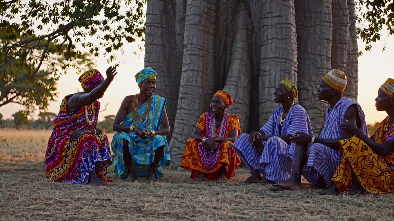 Un video en ángulo bajo captura a un grupo con atuendos coloridos sentados bajo un gran árbol al atardecer