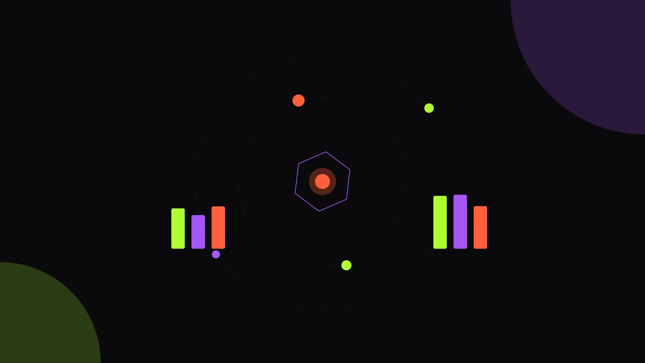 Abstract Motion Graphics Animation of Orbiting Particles and Bar Charts