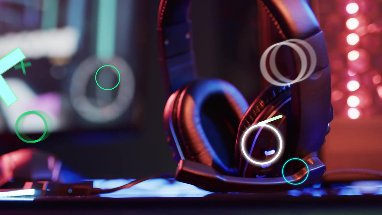 Neon overlays launching from monitor, moving and circling headset, highlighting LED ring and focus