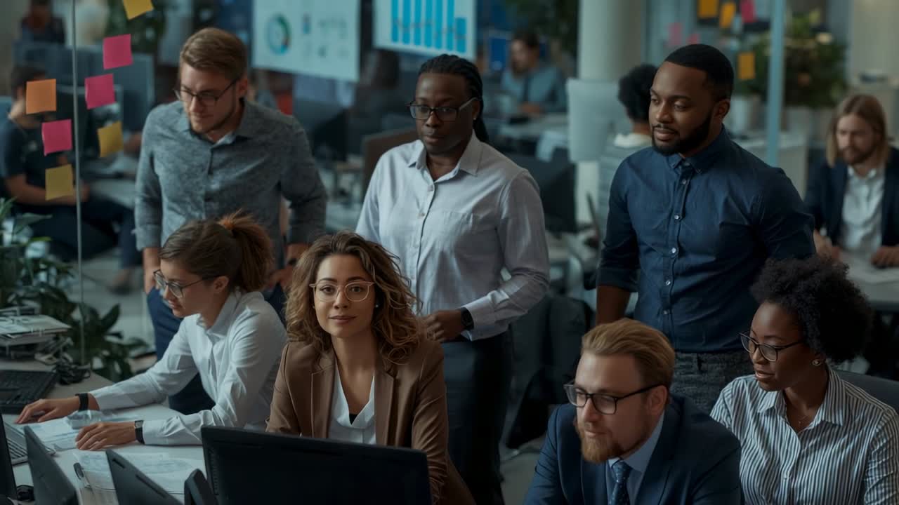 Tapping keyboard team of six leaning around dual-screen computer in open-plan office analyzing data