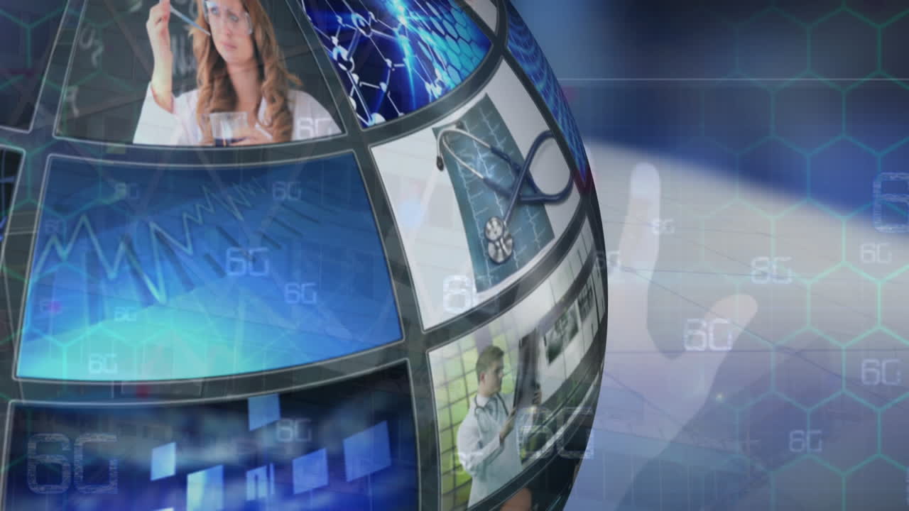 animación del globo con procesamiento de datos contra una doctora caucásica que usa una tableta futurista