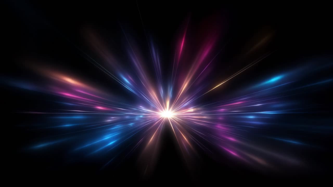 Dynamische uitbarsting van kleurrijke lichtstralen op een zwarte achtergrond, vastgelegd vanuit een centrale hoek, perfect