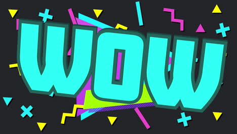 digital animation of wow text against multiple geometrical shapes moving on black background